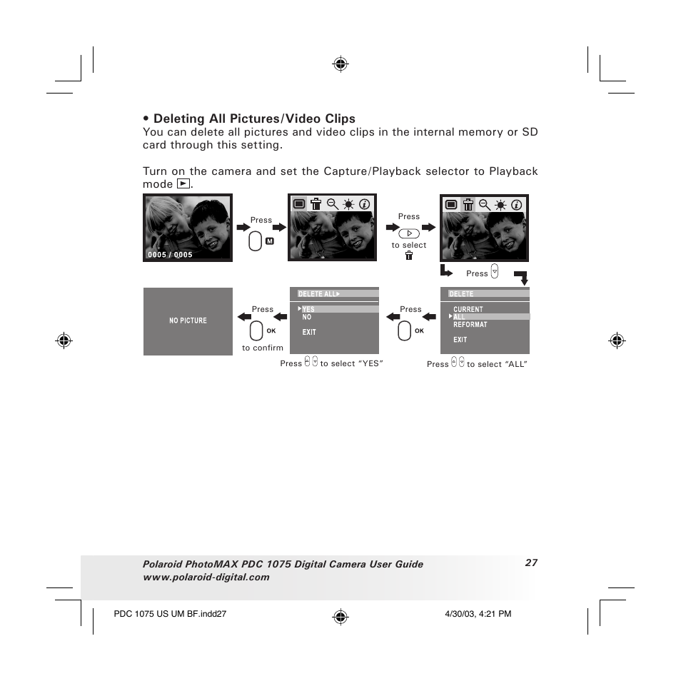 Deleting all pictures/video clips | Polaroid PDC 1075 User Manual | Page 27 / 49
