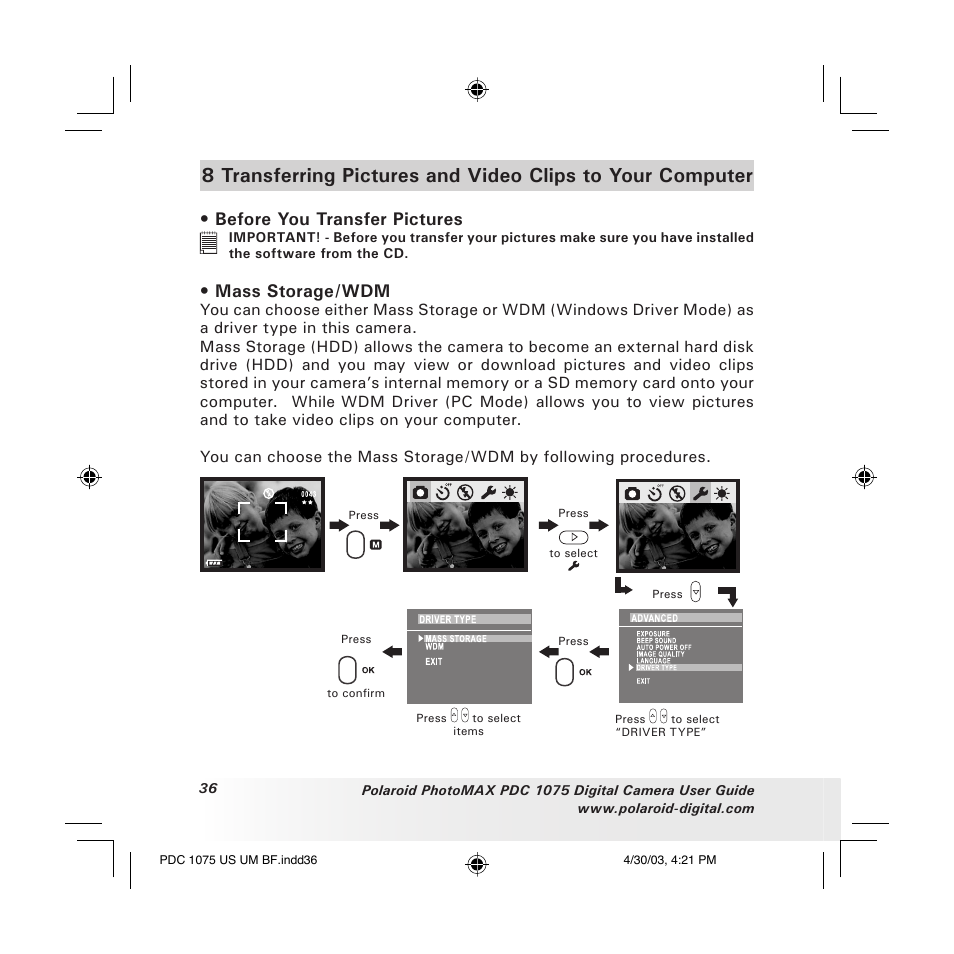 Before you transfer pictures, Mass storage/wdm | Polaroid PDC 1075 User Manual | Page 36 / 49
