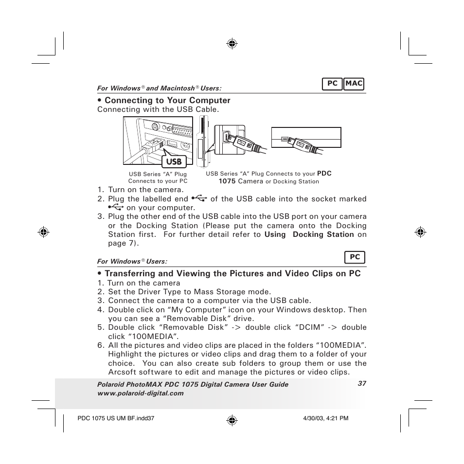 Connecting to your computer | Polaroid PDC 1075 User Manual | Page 37 / 49