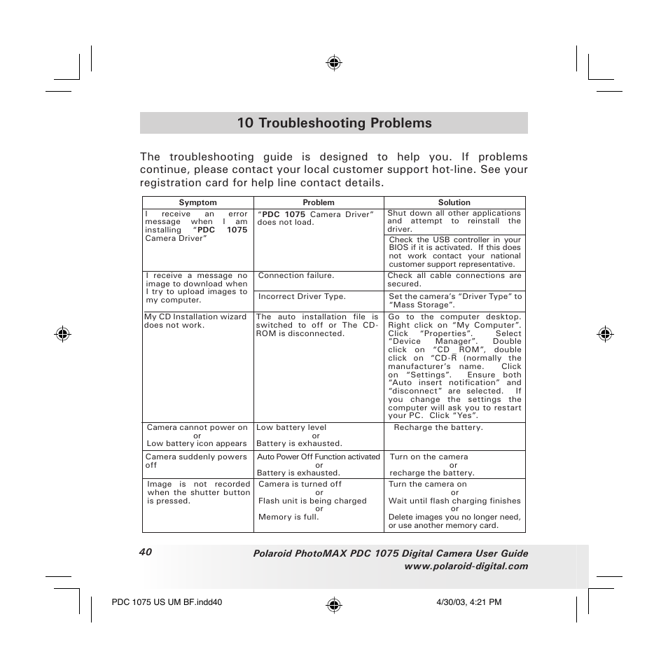 10 troubleshooting problems | Polaroid PDC 1075 User Manual | Page 40 / 49