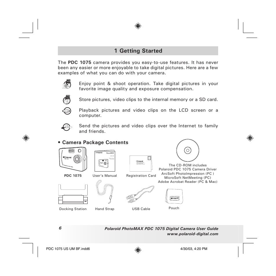 1 getting started, Camera package contents | Polaroid PDC 1075 User Manual | Page 6 / 49