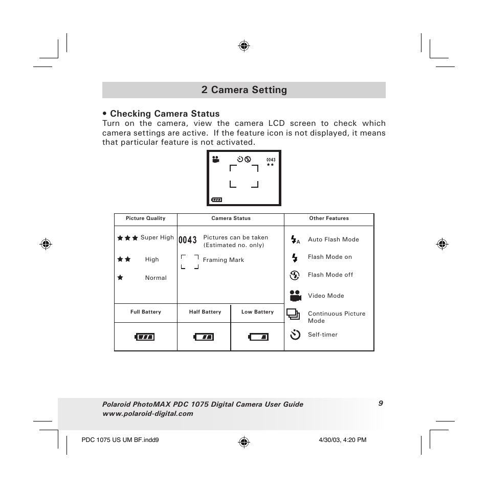 2 camera setting, Checking camera status | Polaroid PDC 1075 User Manual | Page 9 / 49