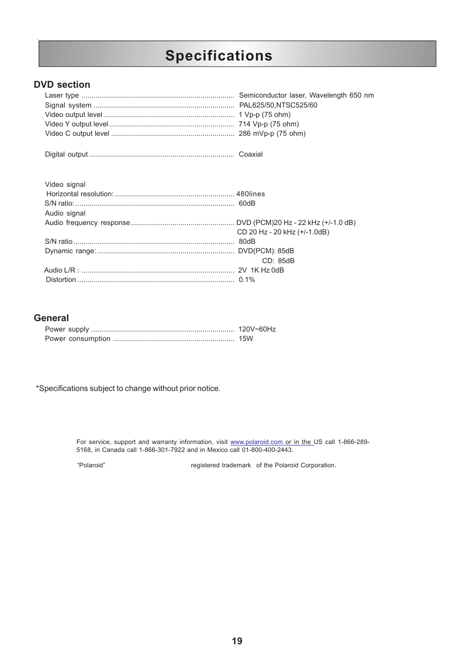 Specifications, General | Polaroid DHX-202 User Manual | Page 19 / 19