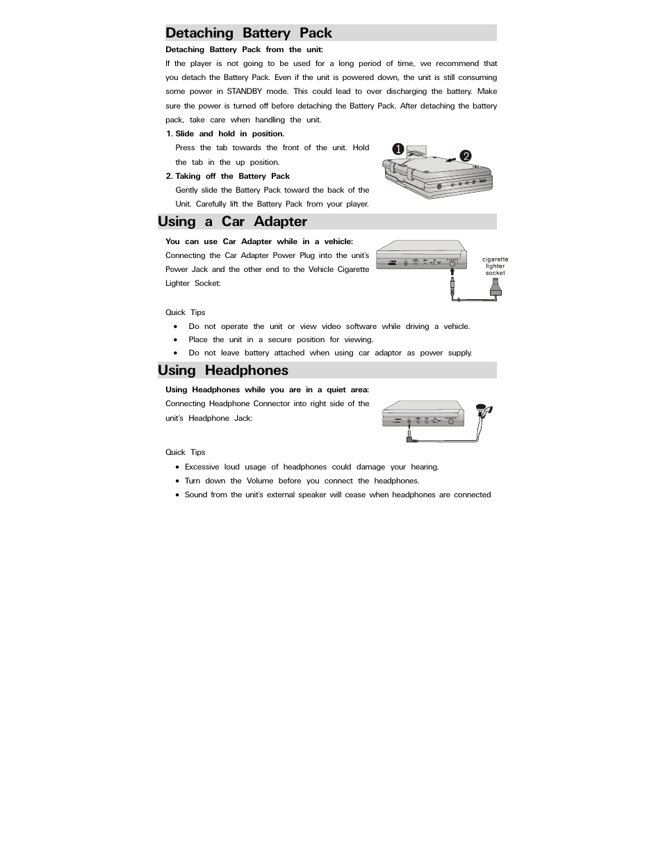 Detaching battery pack, Using a car adapter, Using headphones | Polaroid PDV-0750 User Manual | Page 15 / 29