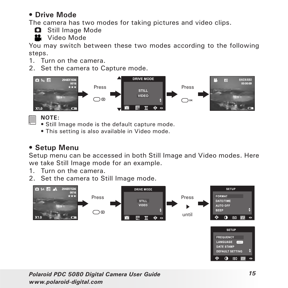 Drive mode, Setup menu | Polaroid PDC 5080 User Manual | Page 15 / 88