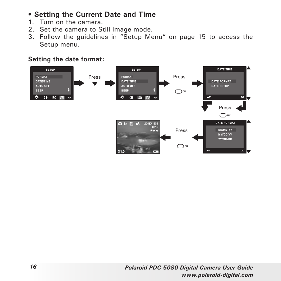 Setting the current date and time | Polaroid PDC 5080 User Manual | Page 16 / 88