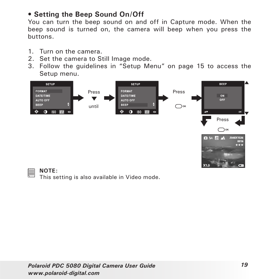 Setting the beep sound on/off | Polaroid PDC 5080 User Manual | Page 19 / 88