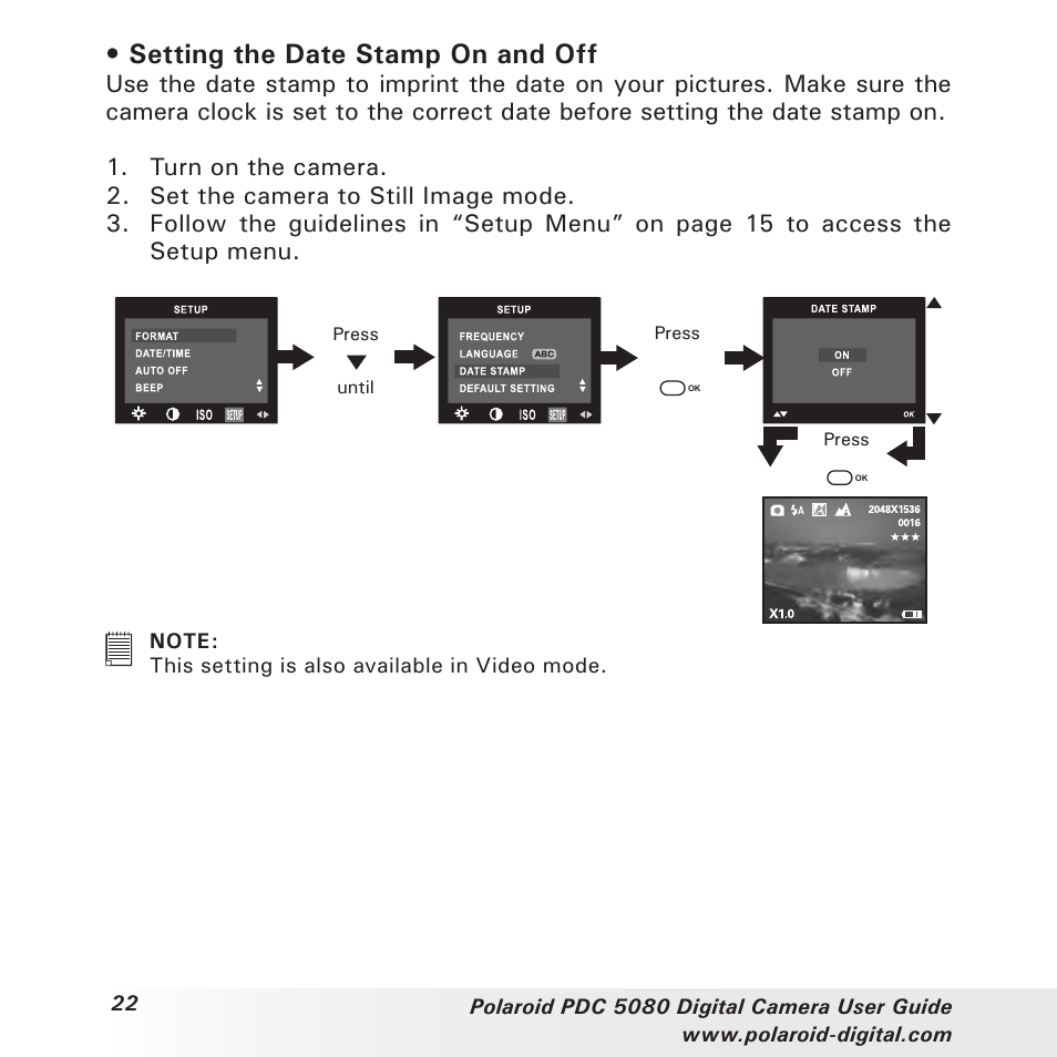 Setting the date stamp on and off | Polaroid PDC 5080 User Manual | Page 22 / 88