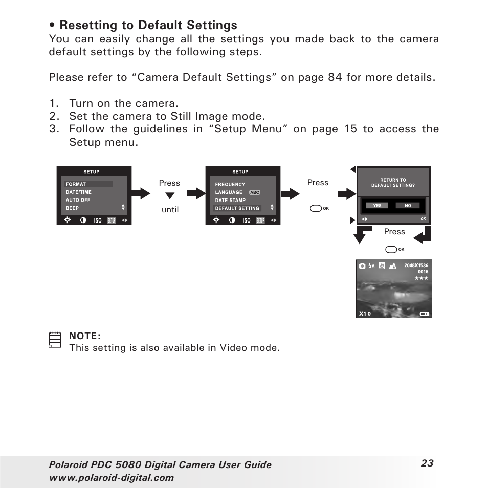 Resetting to default settings | Polaroid PDC 5080 User Manual | Page 23 / 88