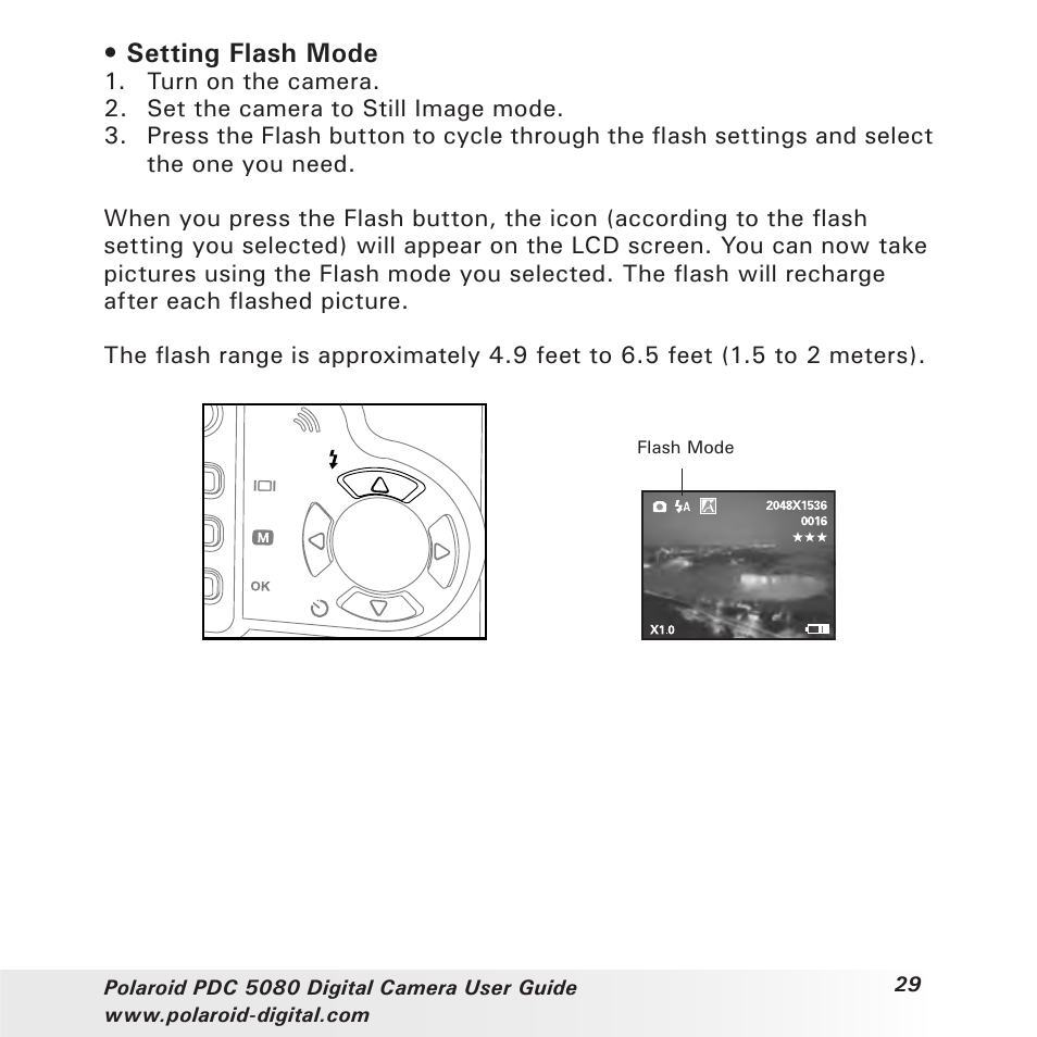 Setting flash mode | Polaroid PDC 5080 User Manual | Page 29 / 88