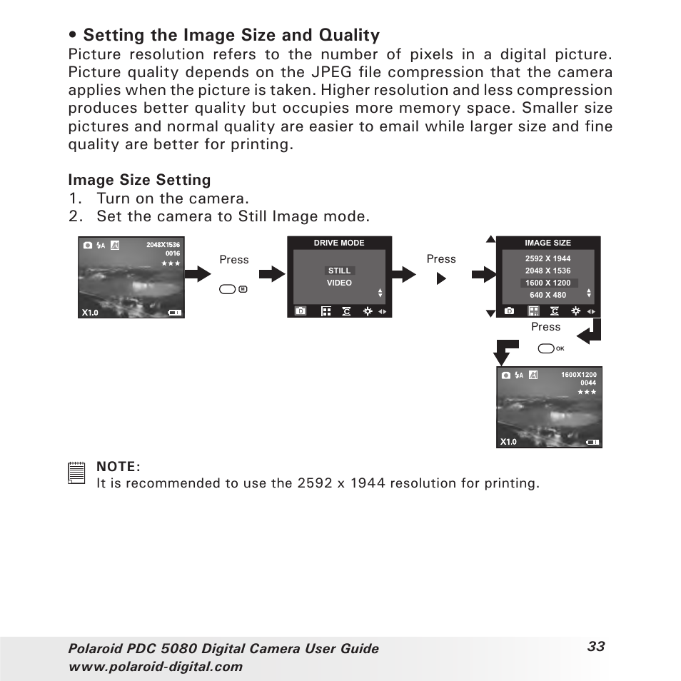 Setting the image size and quality | Polaroid PDC 5080 User Manual | Page 33 / 88