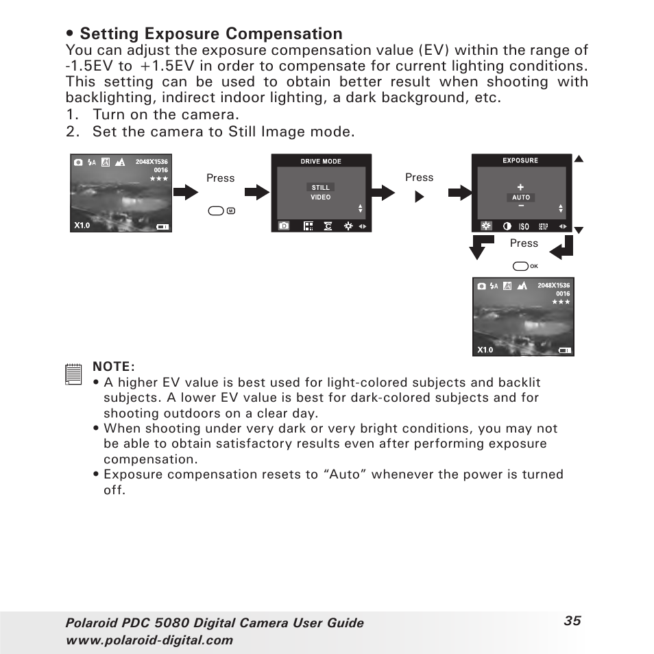 Setting exposure compensation | Polaroid PDC 5080 User Manual | Page 35 / 88