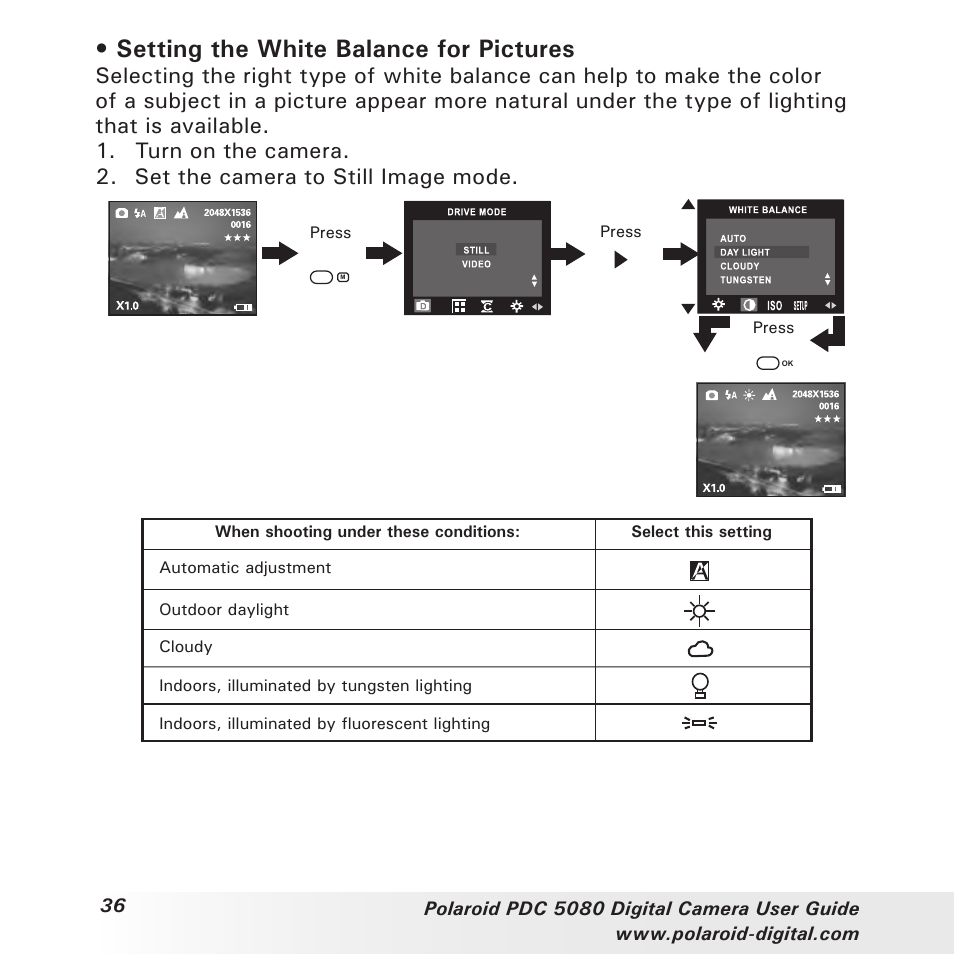 Setting the white balance for pictures | Polaroid PDC 5080 User Manual | Page 36 / 88