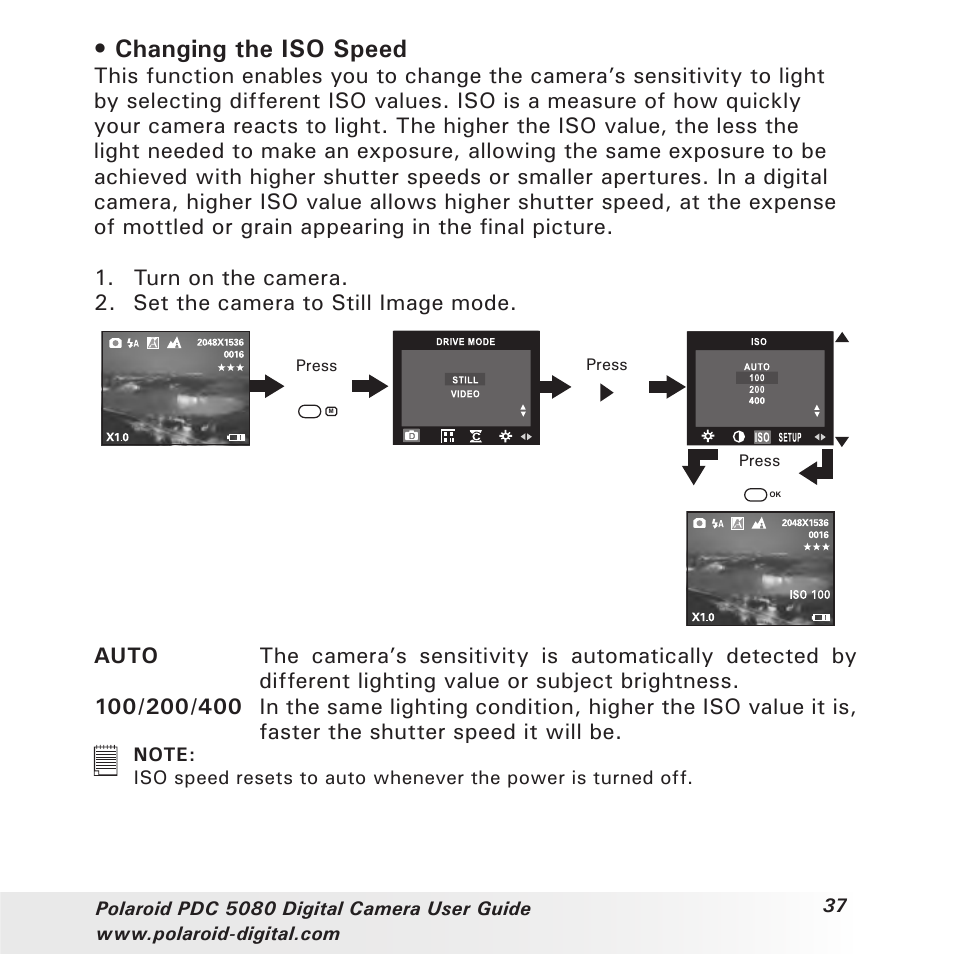 Changing the iso speed | Polaroid PDC 5080 User Manual | Page 37 / 88