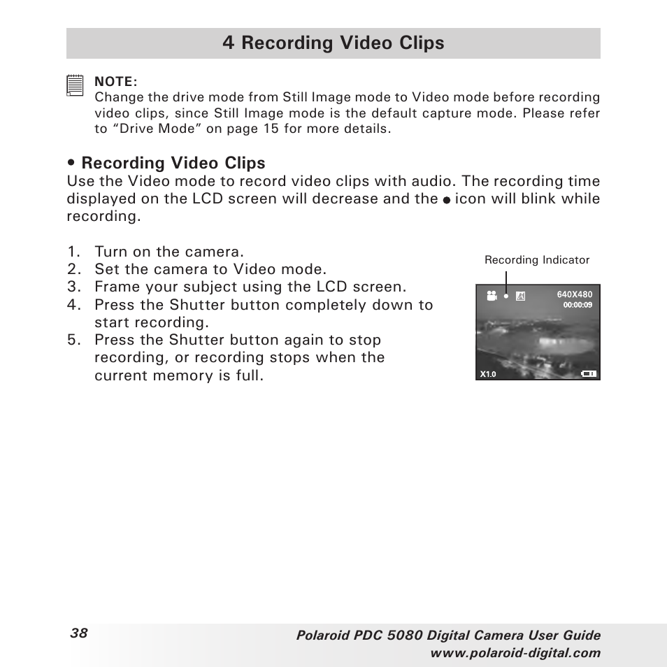 4 recording video clips, Recording video clips | Polaroid PDC 5080 User Manual | Page 38 / 88
