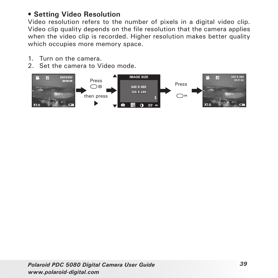 Setting video resolution | Polaroid PDC 5080 User Manual | Page 39 / 88