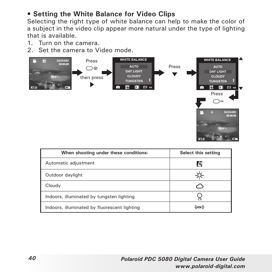 Setting the white balance for video clips | Polaroid PDC 5080 User Manual | Page 40 / 88