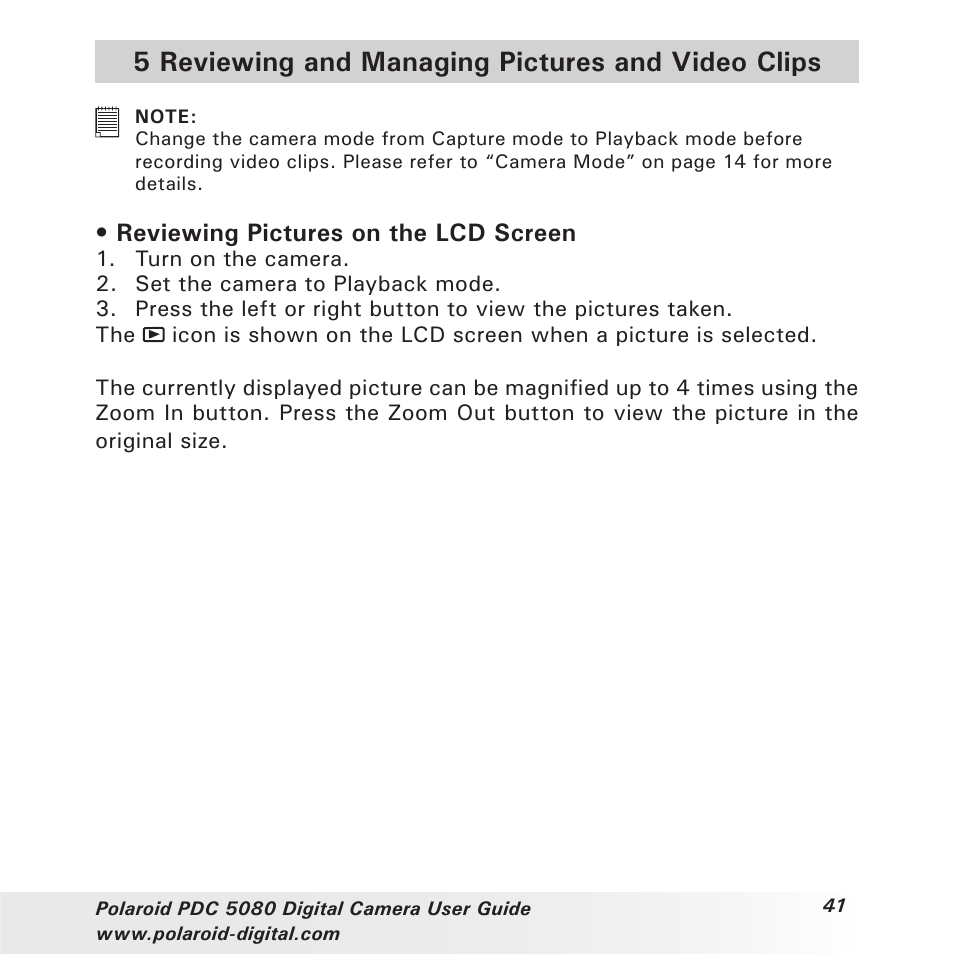5 reviewing and managing pictures and video clips, Reviewing pictures on the lcd screen | Polaroid PDC 5080 User Manual | Page 41 / 88