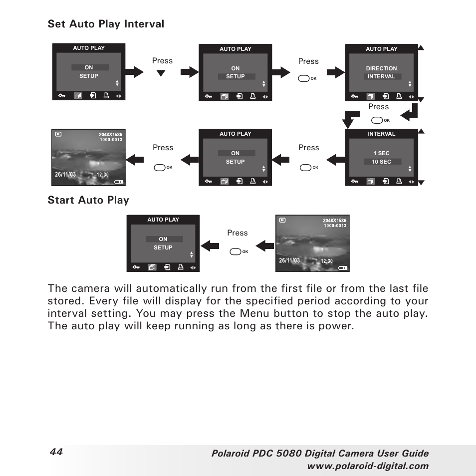 Set auto play interval, Start auto play | Polaroid PDC 5080 User Manual | Page 44 / 88