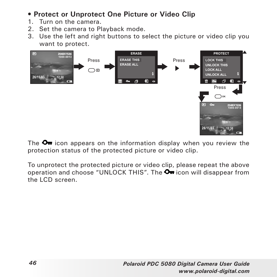 Protect or unprotect one picture or video clip | Polaroid PDC 5080 User Manual | Page 46 / 88