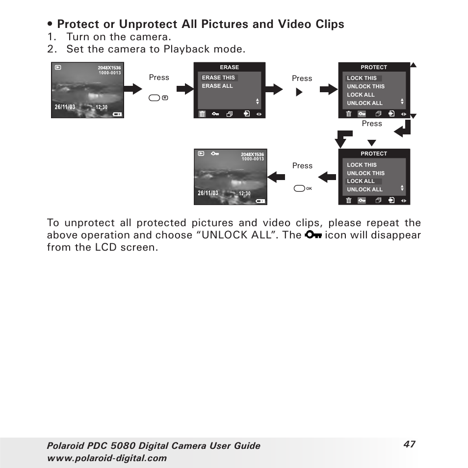 Protect or unprotect all pictures and video clips | Polaroid PDC 5080 User Manual | Page 47 / 88