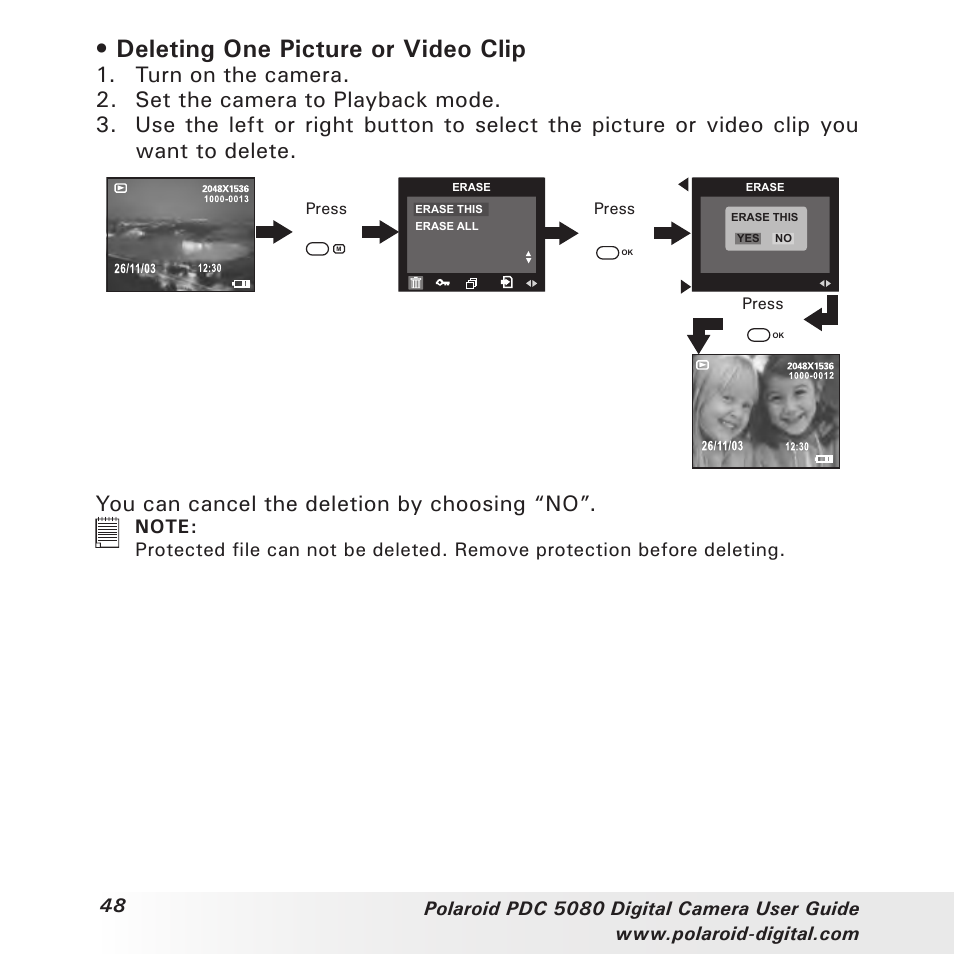 Deleting one picture or video clip, You can cancel the deletion by choosing “no | Polaroid PDC 5080 User Manual | Page 48 / 88