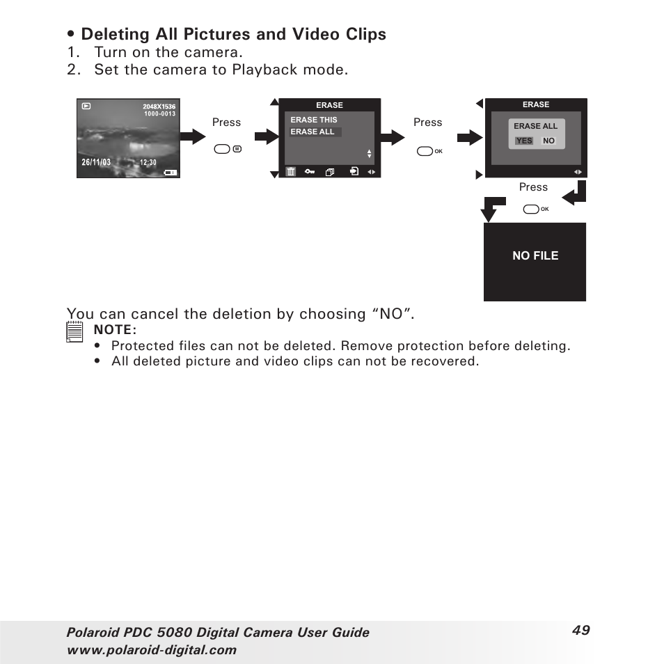 Deleting all pictures and video clips, You can cancel the deletion by choosing “no | Polaroid PDC 5080 User Manual | Page 49 / 88