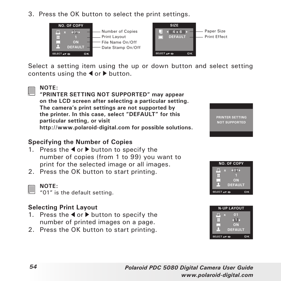 Press the ok button to select the print settings | Polaroid PDC 5080 User Manual | Page 54 / 88