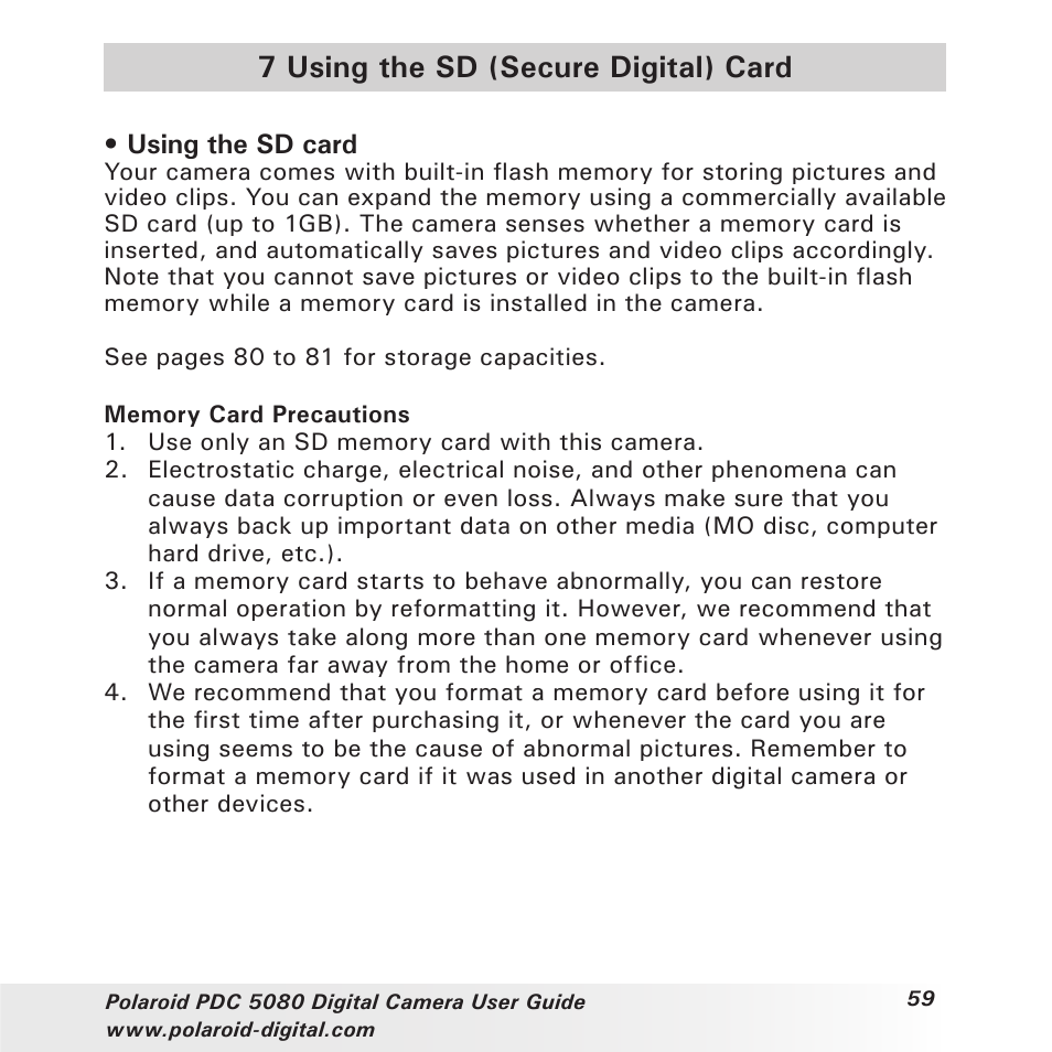 7 using the sd (secure digital) card | Polaroid PDC 5080 User Manual | Page 59 / 88