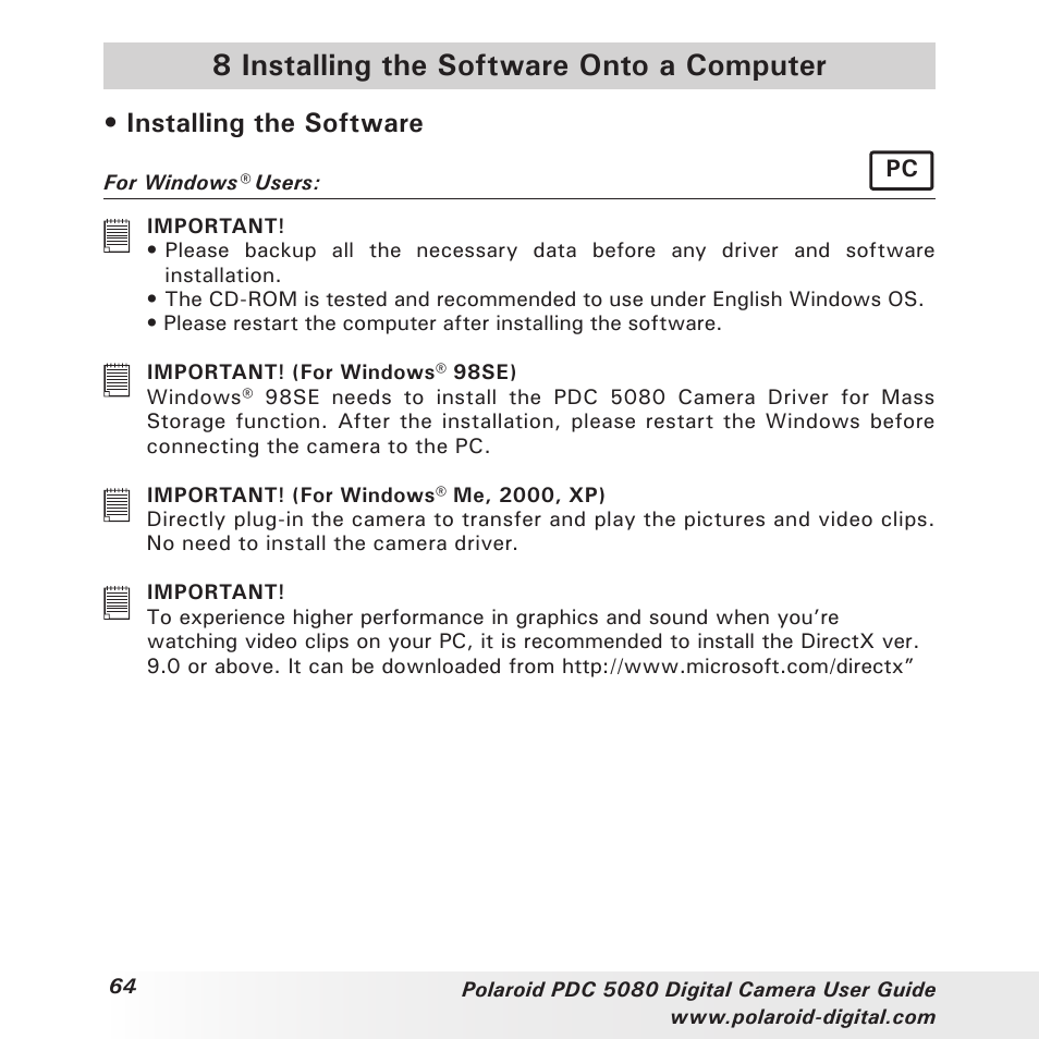 8 installing the software onto a computer, Installing the software | Polaroid PDC 5080 User Manual | Page 64 / 88