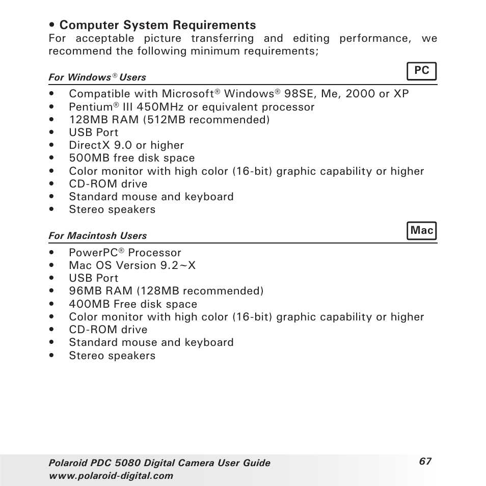 Computer system requirements | Polaroid PDC 5080 User Manual | Page 67 / 88