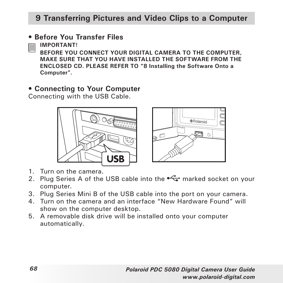 Before you transfer files, Connecting to your computer | Polaroid PDC 5080 User Manual | Page 68 / 88