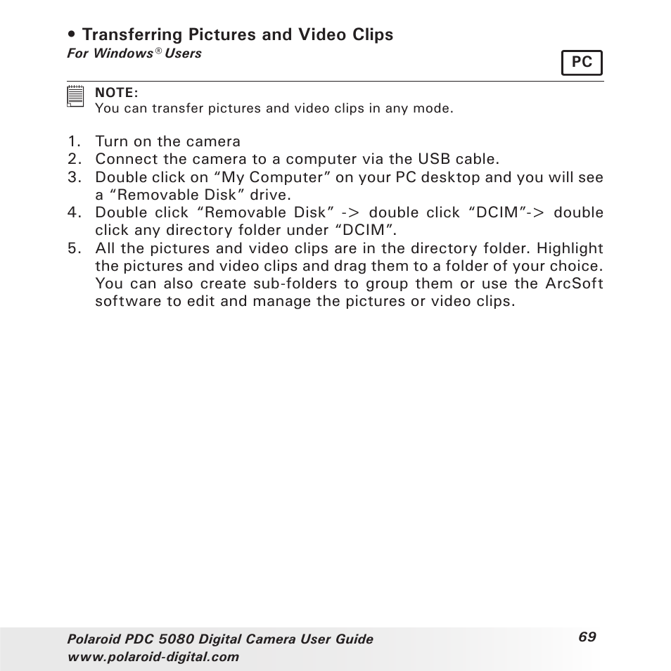 Transferring pictures and video clips | Polaroid PDC 5080 User Manual | Page 69 / 88