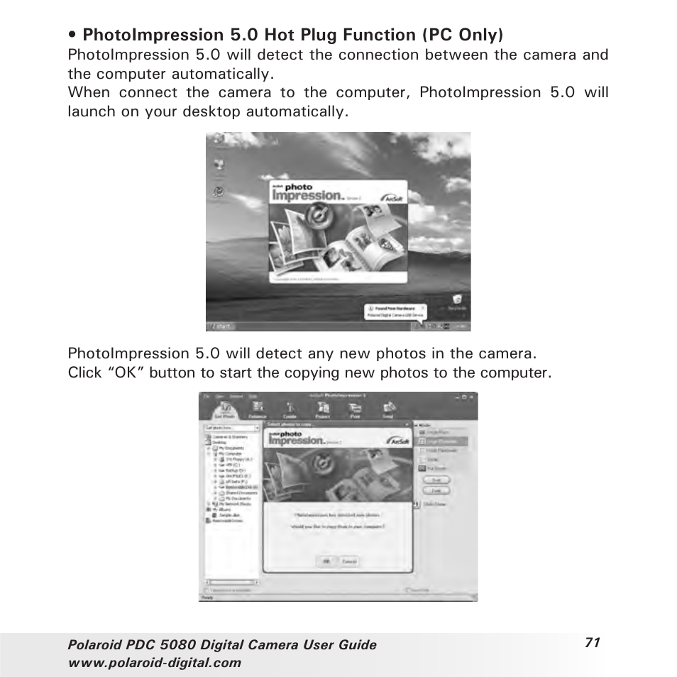 Photoimpression 5.0 hot plug function (pc only) | Polaroid PDC 5080 User Manual | Page 71 / 88