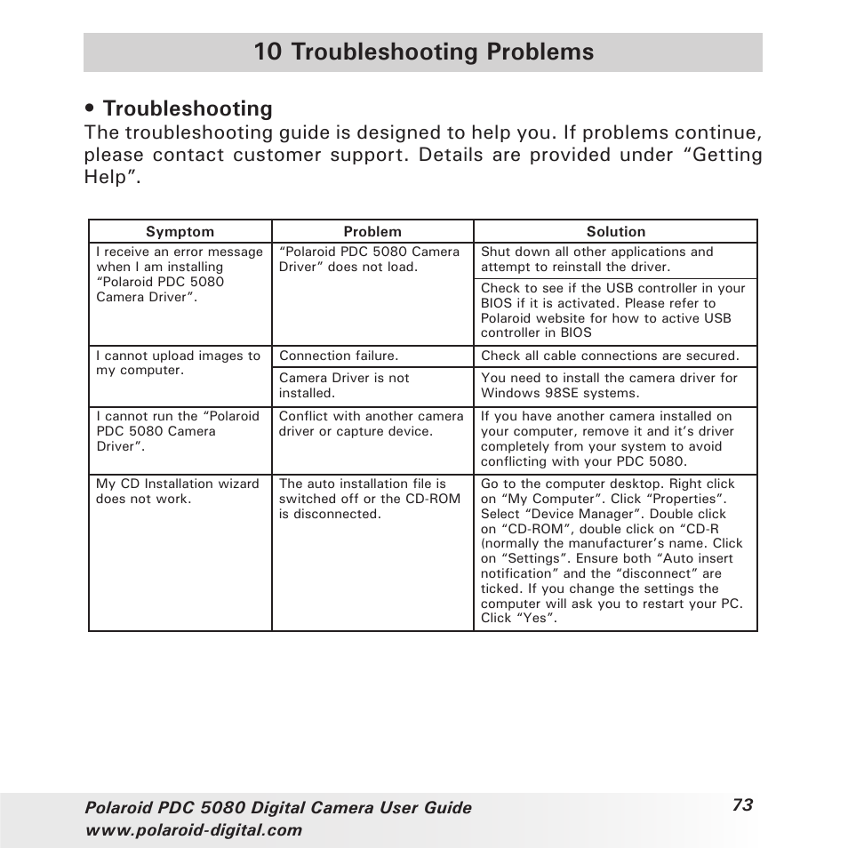 10 troubleshooting problems, Troubleshooting | Polaroid PDC 5080 User Manual | Page 73 / 88