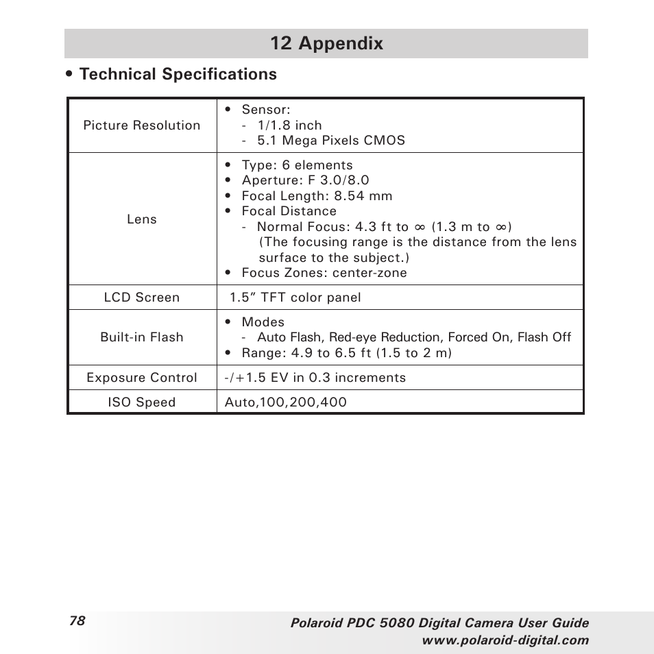 12 appendix, Technical specifications | Polaroid PDC 5080 User Manual | Page 78 / 88