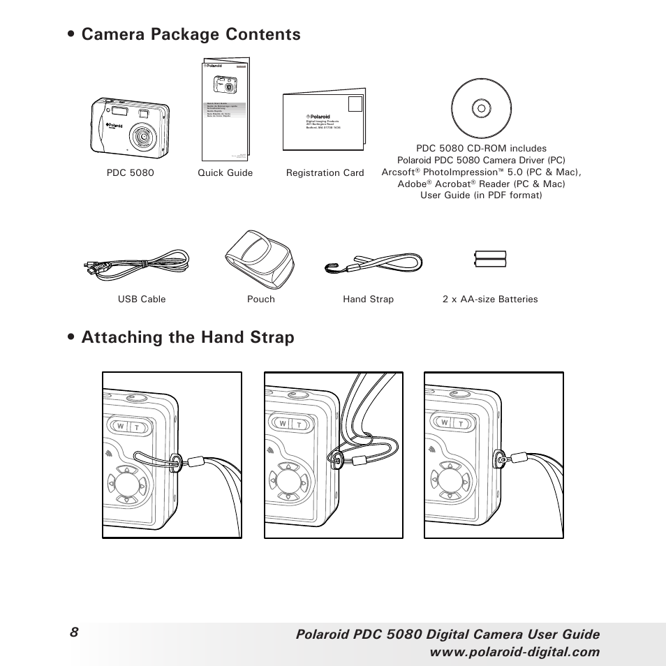Camera package contents, Attaching the hand strap | Polaroid PDC 5080 User Manual | Page 8 / 88