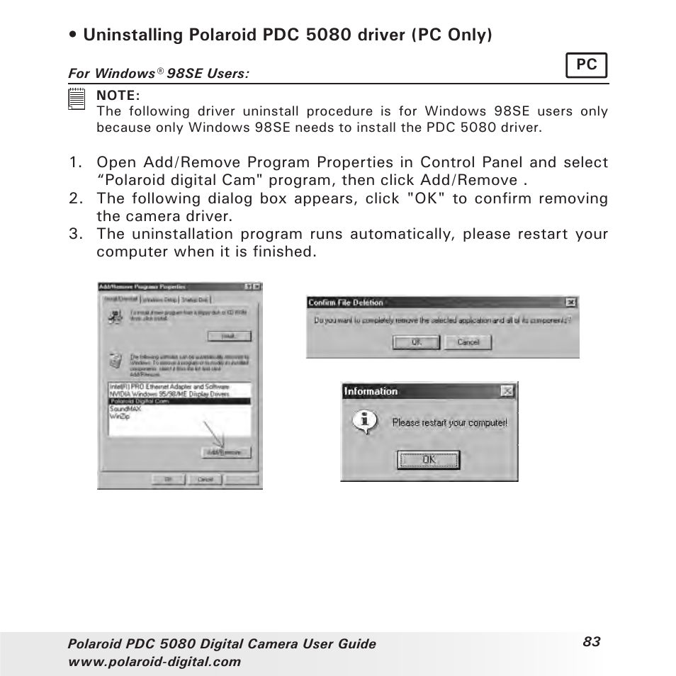 Uninstalling polaroid pdc 5080 driver (pc only) | Polaroid PDC 5080 User Manual | Page 83 / 88
