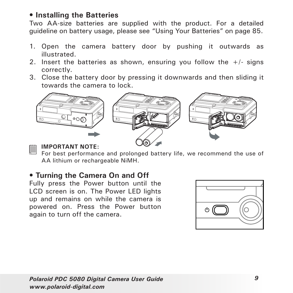 Installing the batteries, Turning the camera on and off | Polaroid PDC 5080 User Manual | Page 9 / 88