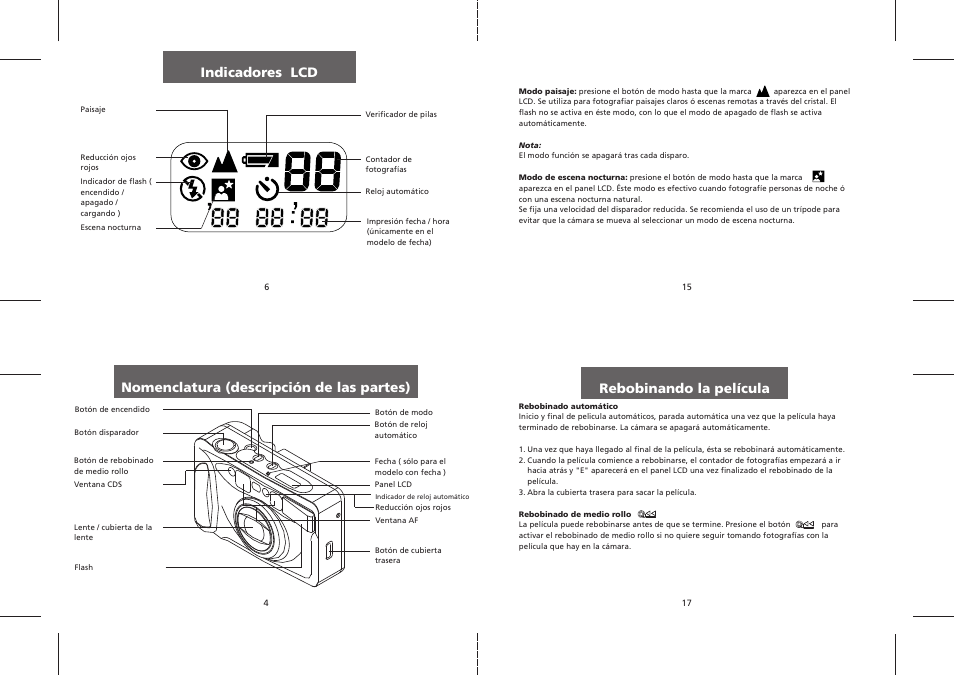 Nomenclatura (descripción de las partes), Indicadores lcd, Rebobinando la película | Polaroid PZ2320AF User Manual | Page 11 / 12
