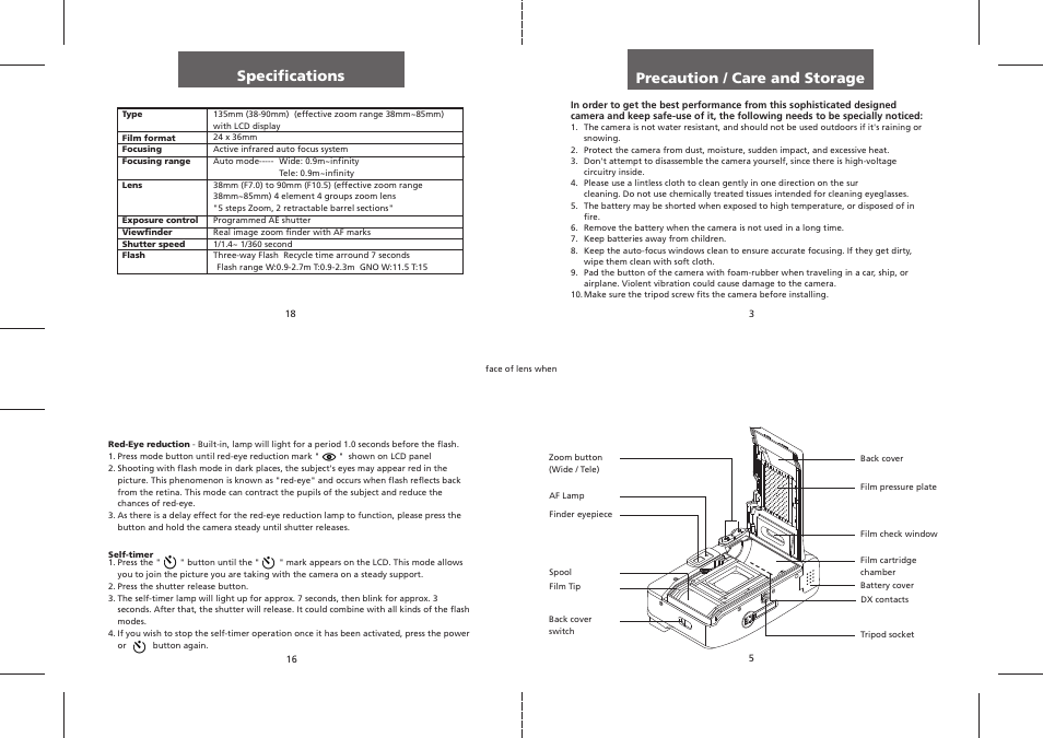 Precaution / care and storage, Specifications | Polaroid PZ2320AF User Manual | Page 3 / 12
