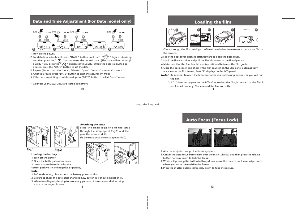 Loading the film, Auto focus (focus lock), Date and time adjustment (for date model only) | Polaroid PZ2320AF User Manual | Page 5 / 12