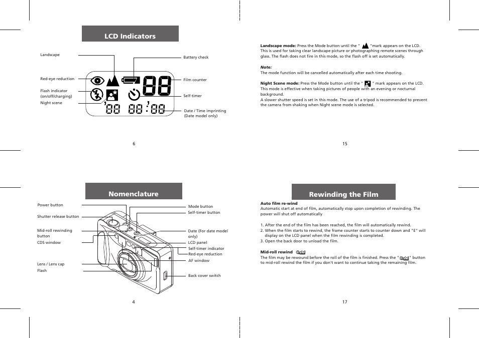 Nomenclature, Lcd indicators, Rewinding the film | Polaroid PZ2320AF User Manual | Page 6 / 12