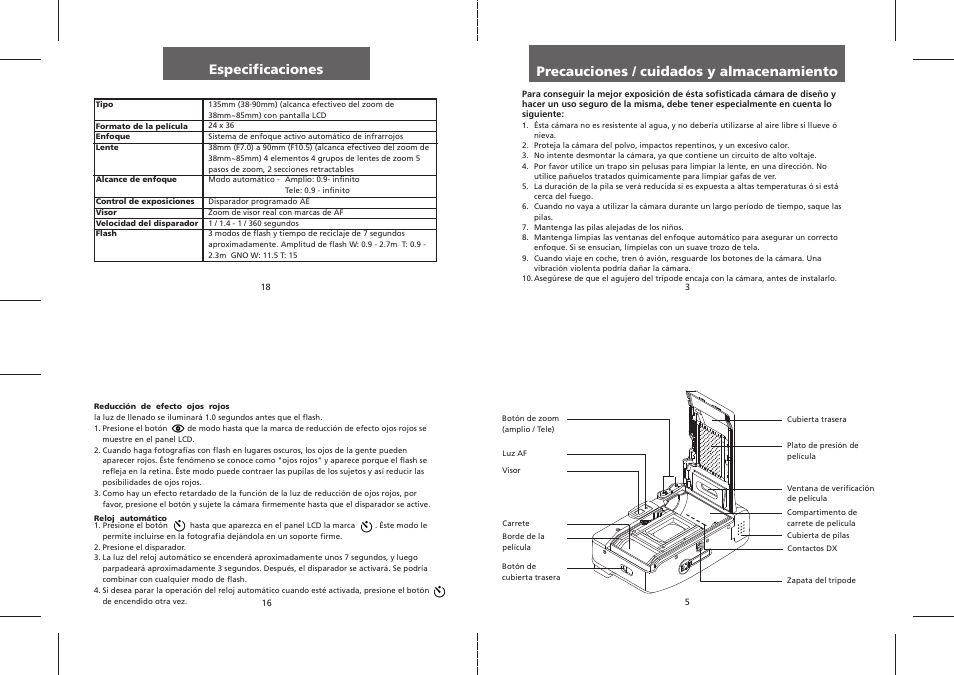 Precauciones / cuidados y almacenamiento, Especificaciones | Polaroid PZ2320AF User Manual | Page 8 / 12