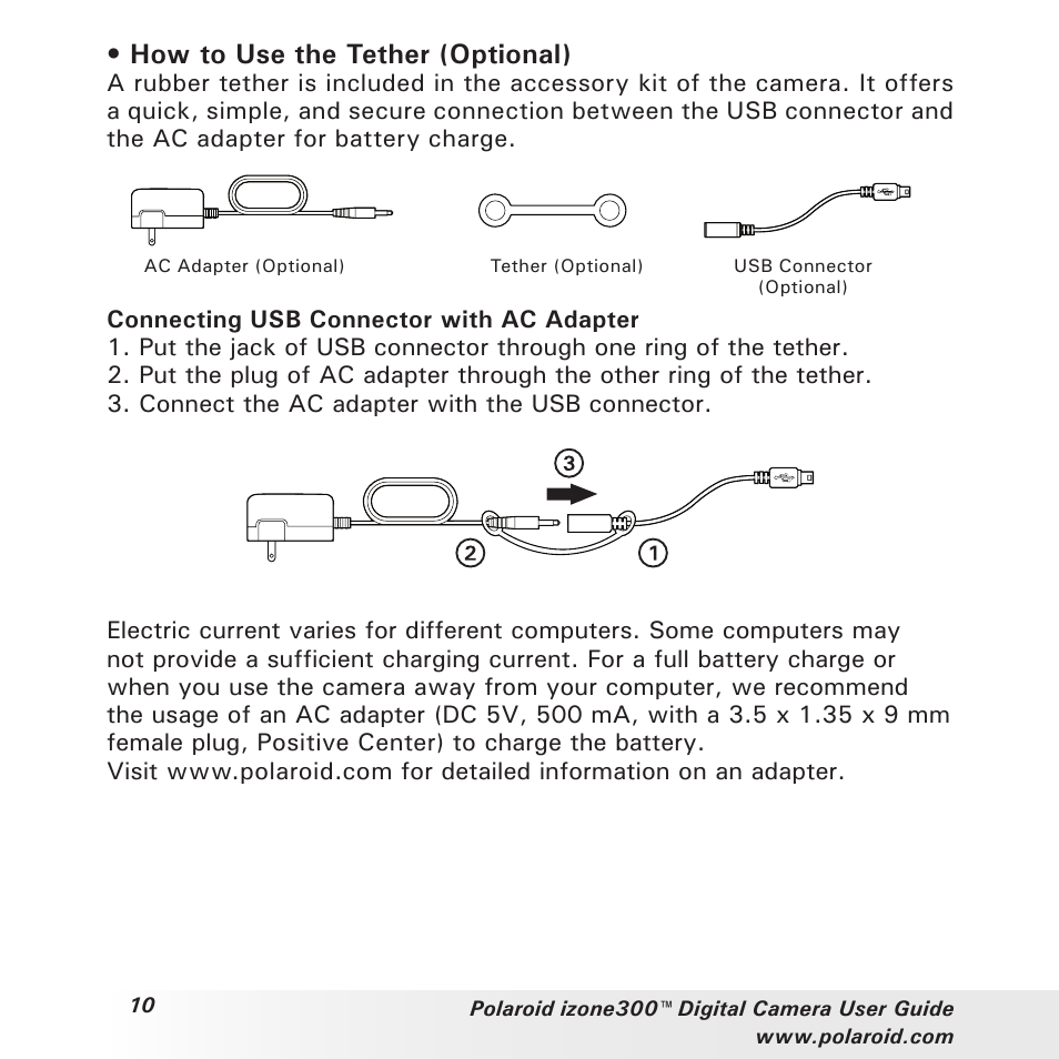 How to use the tether (optional) | Polaroid izone300 User Manual | Page 10 / 84