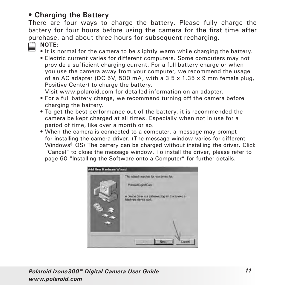Charging the battery | Polaroid izone300 User Manual | Page 11 / 84