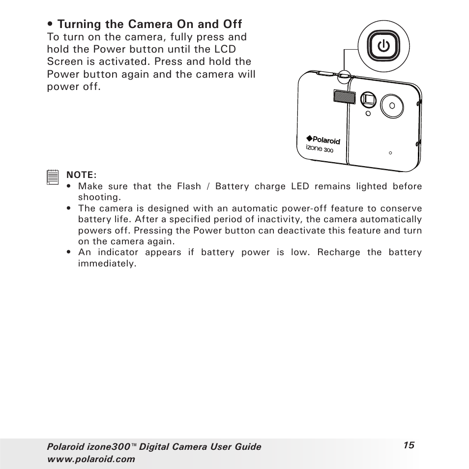 Turning the camera on and off | Polaroid izone300 User Manual | Page 15 / 84