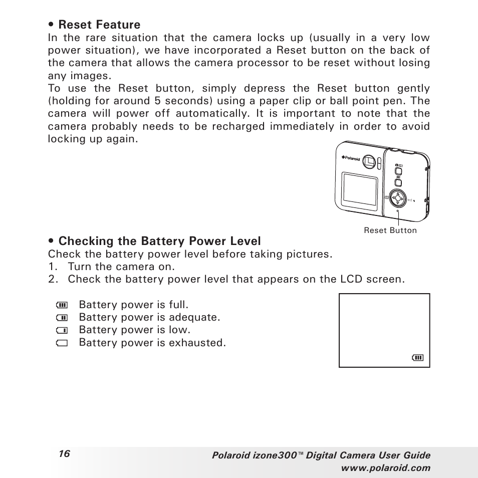 Reset feature, Checking the battery power level | Polaroid izone300 User Manual | Page 16 / 84