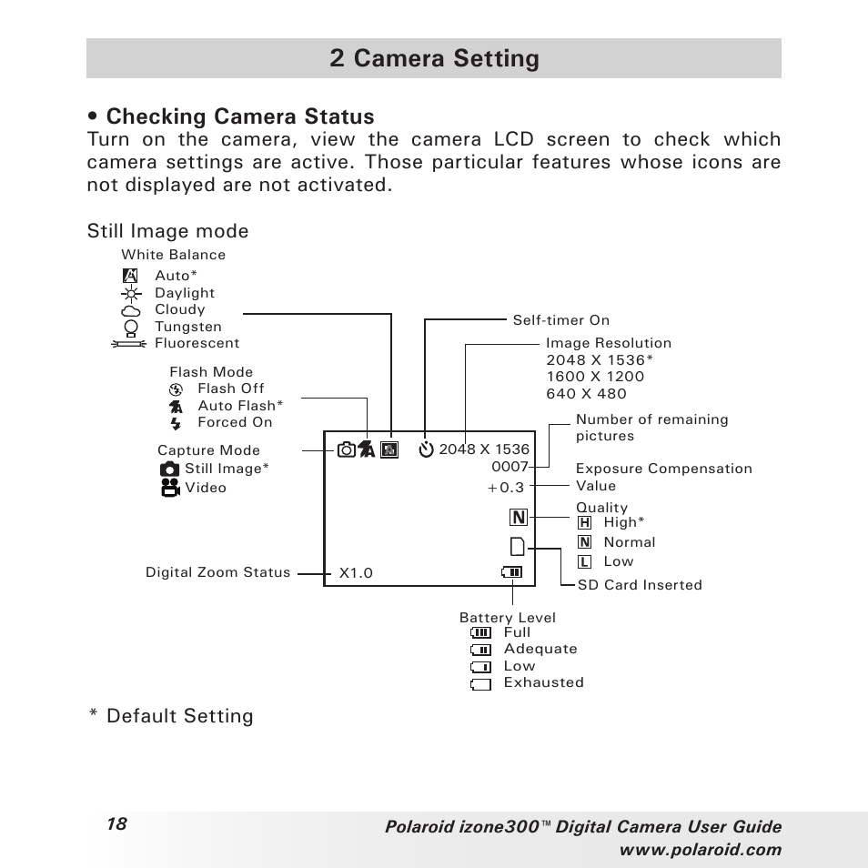 2 camera setting, Checking camera status, Default setting | Polaroid izone300 User Manual | Page 18 / 84