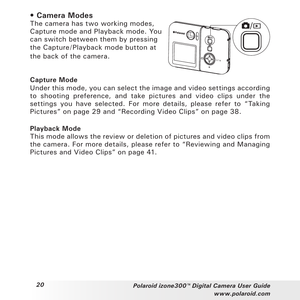 Camera modes | Polaroid izone300 User Manual | Page 20 / 84
